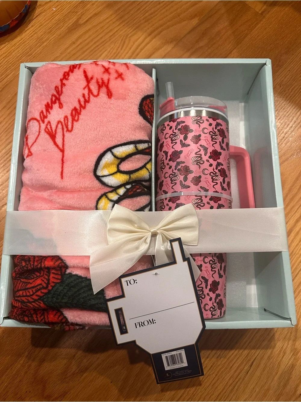 Pink Rose Snake Travel Stainless Steel 40oz Tumbler & Plush Blanket Gift Set